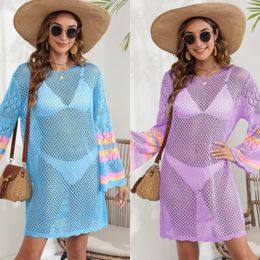 Women's Beach Vacation Cover-up Contrasting Colour Stitching Bikini Top Woven Dress 2024 Style