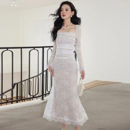 Casual Dresses Elegant White Lace Mermaid Dress For Women Fashion Square Collar Backless Up Bodycon Robes Female Sexy Party J072