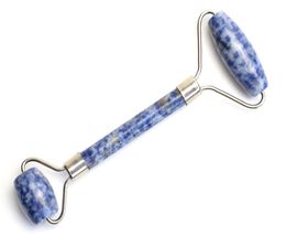 Natural Tumbled Blue Dots Stone Carved Reiki Crystal Healing Gua Sha Beauty Roller Facial Massor Stick with Alloy SilverPlated3442978