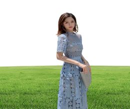 2022 A Line Sex dress women Blue high quality see through floor length long maxi party short sleeve lace cake self portrait dresse1028029