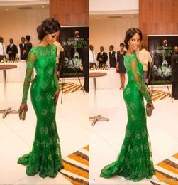 Tops Luxury Red Carpet Miss Nigeria Gorgeous Green Lace Celebrity Prom Dresses Sheer Scoop Long Sleeves Trumpet Mermaid Evening Fo6358784