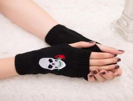 New Fashion Winter Women Girl Embroidered skull Knitted Arm Fingerless Warm Gloves Soft Outdoors Warm Mitten Glove Accessories62313207305