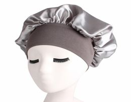 58cm Solid Color Long Hair Care Women Satin Bonnet Cap Night Sleep Hat Silk Head Wrap Adjust Shower Caps4415775
