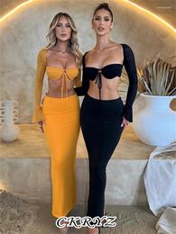 Work Dresses Ckryz-Woman Dress Set 2 Pieces Long Sleeve Backless Crop Top And Maxi Skirt Sets Evening Party Night Club Fashion Women Outfits