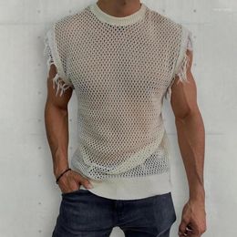 Men's Tank Tops 2024 Summer Fashion See Through Mens Knit Streetwear Vintage Ripped Design Sleeveless Men Clothes Casual Camisole