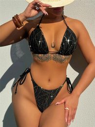 Women's Swimwear Bling Sexy Bikini Bandage Swimsuit Feminine Bikinis Set Black Summer Beachwear Female Halter Bathing Suit