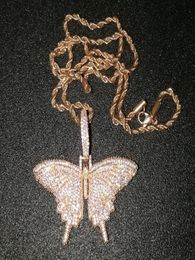 Iced Out Animal Pink butterfly Pendant Necklace With Chain Rosegold Gold Silver Cubic Zircon Men Women Hiphop Rock Jewelry8947040