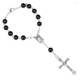 Strand 8MM Rosary Cross Charm Bracelet For Women Men Religious Black Glass Beads Chain Bangle Catholicism Prayer Jewelry