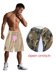 Invisible Open Crotch Sex Pants Waffle Shorts Mens Summer Heavy Sweatpants Loose Sports Elastic Waist Casual Short with Pockets 240418