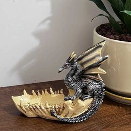 Decorative Objects Figurines Creative Dragon Skull Entryway Storage Statue Resin Key Storage Tray Retro Fantasy Home Decor Entryway Study Decorative Statue T2405