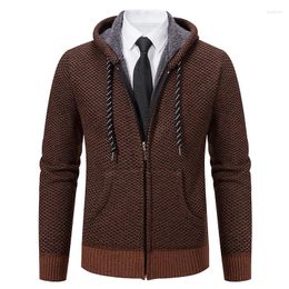 Men's Jackets Sweater Fashion Fleece Coat Hooded High Quality Knit Cardigan Brown Male Outer Wear