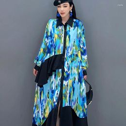 Casual Dresses Pattern Print Shirt Dress Female Irregular Spring Fall Ruffle Spliced Full Sleeve Vestido De Mujer