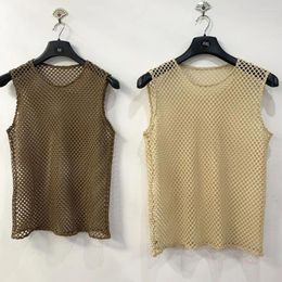 Men's Tank Tops Mens Sexy See-Through Mesh Hollow Vest 2024 Summer Fashion Nightclub Personalized Breathable Home Pajamas For Men