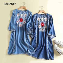 Party Dresses TIYIHAILEY 2024 Fashion Summer Embroidery Half Sleeve Denim Dress Women Long Knee Length Vintage M-L Blue