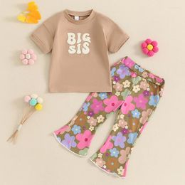 Clothing Sets Summer Toddler Baby Girl Outfit Clothes Short Sleeve Letter Print Tops Floral Flared Pants Children 1-4T