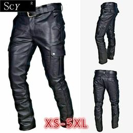 Mens Leather Motorcycle Pants with Cargo Pockets Black No Belt 240419