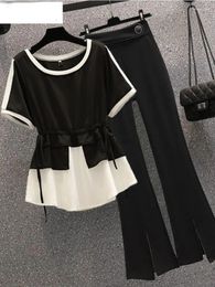 Women's Two Piece Pants 2024 Summer Elegant Set Fashion Stitching Chiffon Shirt Wide Leg Two-piece Female Blazer Blouse N453