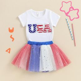 Clothing Sets FOCUSNORM 0-5Y Independence Days Kids Girls Clothes Short Sleeve Letter Embroidery Tops Star Lace Tulle Skirt Set