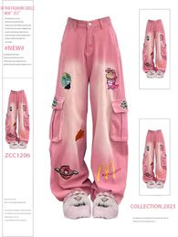 American Vibe Retro Cartoon Embroidery Pink Tooling Jeans Womens High Street Design Loose Straight Wide-leg Pants Washed Cloth 240430