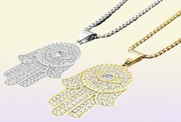 Hip Hop Iced Out Hamsa Hand Of Fatima Turkish Eye Pendant Necklace Gold Colour Stainless Steel Chain For Men Jewellery Drop Necklaces6947980