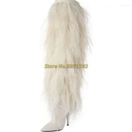 Boots Feather White Winter Sexy Pointed Toe Thin High Heel Over The Knee Leather Hairy Runway Dress Long Custom Made