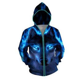 Mens Women Colourful Glowing Coat 3D Wolf Animal Print Led Luminous Zipper Top Blouse Punk Style Hoodie Sudaderas Con Capucha3431184