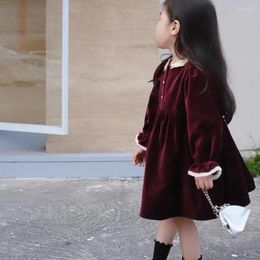 Girl Dresses Girls Casual Velvet Thick Lace Flower Edge Long Sleeved Childrens Clothing Button Pleated Winter Style