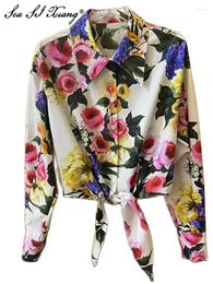 Women's Blouses Seasixiang Fashion Designer Spring Cotton Tops Women Turn-down Collar Long Sleeve Single Breasted Floral Print Short Shirt