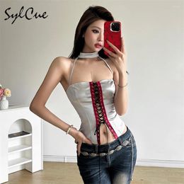 Women's Tanks Sylcue Spring Silver Retro Matte Sweet Gentle Cute Sexy Tight High Street Cool Drawstring Halter Vest