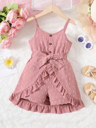 Clothing Sets 2024 Child Girl Summer Bodysuit Sling Solid Colour Jumpsuit With Belt Fashion Holiday Party For Kid 4-7 Years