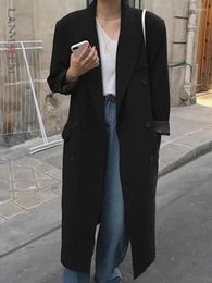 Women's Suits LANMREM Long Black Blazer For Women Notched Collar Double Breasted Loose Style Fashion Coats 2024 Autumn Office Lady 2DA5452