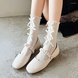 Women Socks JK Lolita Girls Frilly Ruffle Solid Color Black White Long Hollow Out Breathable Japanese Kawaii Bowknot Cute