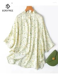 Women's Blouses BirdTree 20MM Real Silk Elegant Shirt Women Batwing Sleeve Stand Printed Literature Commute Blouse 2024 Spring T43289QC