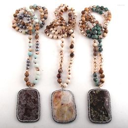 Pendant Necklaces Fashion Beaded Jewellery Natural Stones Crystal Long Knotted Paved Rhinestone Semi Precious Rectangle Stone