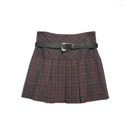 Skirts A-line High Waisted Pleated Skirt For Women's 2024 Spring/summer Checkered Stripe Anti Glare Matching Belt Sexy Short