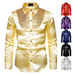 Men's Dress Shirts Sequined Shirt Stage Performance Costume Wedding Groom Emcee Lapel Long Sleeve Solid Colour Business Commuter