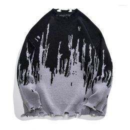 Men's Sweaters Autumn Oversize Ripped Sweater Men Jacquard Pattern Jumper Fashion Korean Street Knitted Pullovers Tops Clothing Male Plus