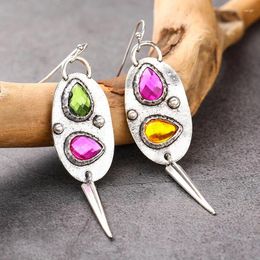 Dangle Earrings Vintage Silver Colour Geometric Design Drop For Women Yellow Orange Stone Hollow Metal Curved Line Pendulous Earring