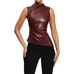 Women's Tanks Y2K Clothes PU Leather Tank Top 2024 Summer Fall Asymmetrical Ruched Slim Blouse Sexy Sleeveless Vest T Shirt For Women Tees