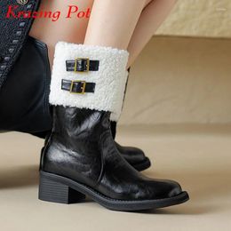 Boots Krazing Pot 2024 Cow Leather Fur Round Toe Med Heels Snow Winter Metal Buckle Street Wear Keep Warm Catwalk Mid-calf