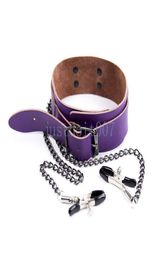 Bondage Real Leather Buckled Chain Restraints Neck Collar Prop Clips Clamp cuffs Cosplay R453053510