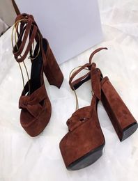 Designer Luxury Ladies Bianca Brown Suede Ankle Strap Sandals Heel Platform Sandal Slippers With Box3274346