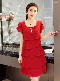 Party Dresses Korean Dress Women Summer Wave Cut Sweet Solid Short Sleeve Slim Casual Clothing Lady All-match Trendy Simple O-Neck