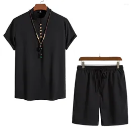 Men's Tracksuits 2024 Summer Chinese Style Short Sleeved Shirt Solid Beach Pants Shorts Set
