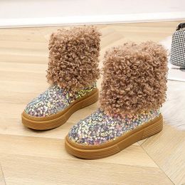 Boots Soft Fur Women's Shoes Platform All-Match Round Toe Sequins Casual Female Sneakers Clogs Moccasin Glitter Winter Snow