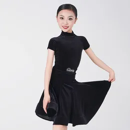 Stage Wear Girls Latin Competition Dance Costume Black Short Sleeve Top Ruffles Skirt Rumba Performan Practice Suit VDL168