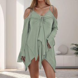 Casual Dresses 2024 Womens Sexy Suspender Flared Sleeve Mini Y2k Clothing Fashion Solid Colour Halter Short Dress Vestidos