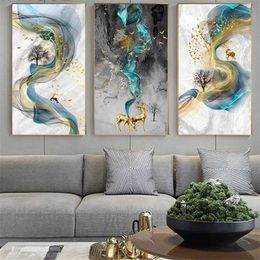 eer and Ribbon Painting Wall Picture Nordic Blue Gold Canvas Painting Abstract Poster Printing Wall Art for Living Room Decoration J240505