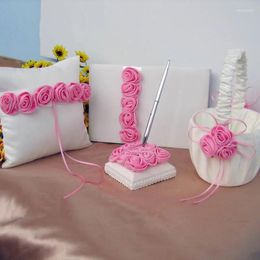 Party Decoration Satin Wedding Sets For Bride European Rose Decor Ring Pillow Flower Basket Guest Book Pen Supplies 4 PCs/Set