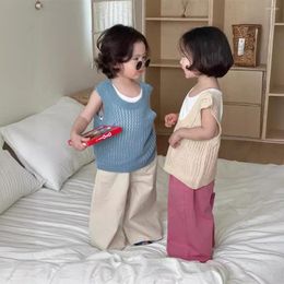 Clothing Sets Children Boys Girls Korean Style Fashion Leisure Set 2024 Summer Solid Color Hollow Two Piece Brothers Sisters